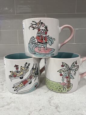 Set 3 Hand Painted Flamingo Beach Palm Tree Christmas Mug Eli+Ana Island Coastal
